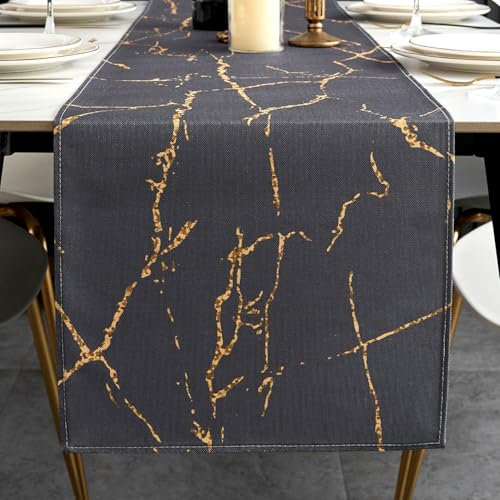 ViaElayu Tischläufer Modern Grau Gold Marmor Textur Abstrakte Abwaschbar Outdoor Frühling Landhausstil Vintage Bauernhaus Rechteckige Tischdecke Küche Tisch Läufer Party Deko 40x140 cm
