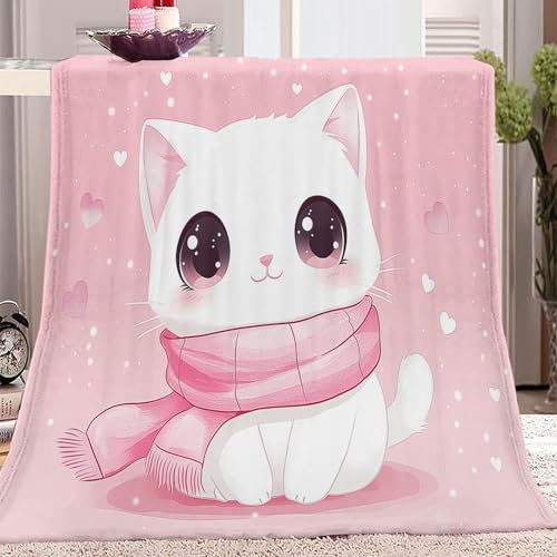 Flanell Fleece Decke 150 x 200 cm Kuscheldecke für Kinder Erwachsene Mädchen Warme Bedruckte Süße Tierische Weiße Katze Muster Couch Decke Rosa Langlebig Reisedecke