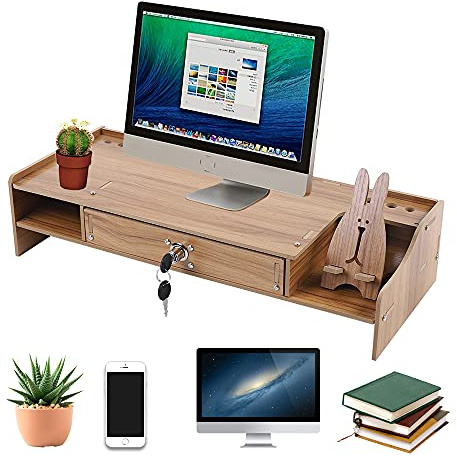 JDBDU Soporte de pantalla con cajón - En madera - 48 x 20 x 10,5 cm