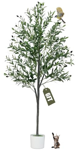 6FT Artificial Olive Tree,Artificial Plants Indoor,Faux Olive Tree Indoor with Natural Wood Trunk and Realistic Leaves and Fruits for Home Office Decor
