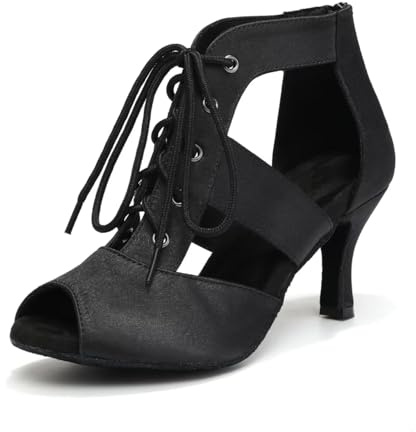ZYXWVU Zapatos de Baile para Mujer Punta Abierta con Cordones Botines de Baile Latino Salon Negro, 40 EU