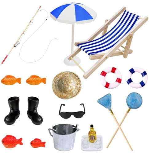 Xerteam 21 Stück Wichtel Angelrute Set, Miniatur Zubehör Puppenhaus Deko, Sommer Strand Mini Liegestuhl Deko mit Schwimmringe, Sonnenschirme, Fischernetze, Miniaturen 1:12 Puppenhäuser Geschenk