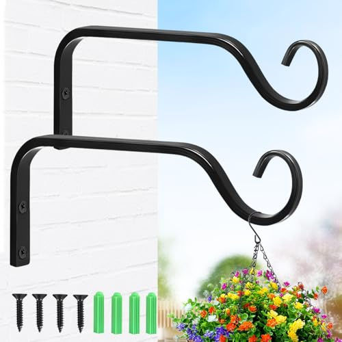 PJHAJH 2Pcs Hanging Basket Brackets, Heavy Duty Rust-Resistant Garden Hooks, 7.3 Inch Wall Hooks Outdoor for Hanging Plants, Bird Feeder, Bird House, Wind Chime (Black, Metal)