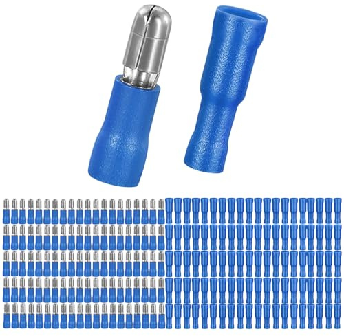 Editbar 100 Stück 0.5-1.5mm² Kabelschuhe – Rundstecker Blau und Rundsteckhülsen Blau für KFZ, Motorrad, Elektrik, Quetschverbinder, Isolierte Schnellverbinder aus Kupfer mit PVC Hülle