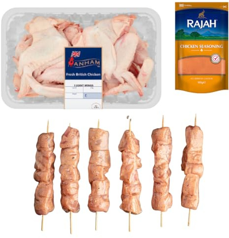Halal Chicken 3 Joint 1kg and Shish 1kg with Rajah Seasoning 100g – Fresh Halal Grilling Pack – Tender Chicken Pieces and Skewers for BBQ and Home Cooking