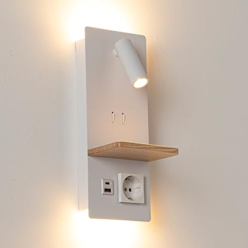 Alpinaluz Lampada da parete con luce LED orientata da 3 W e luce ambientale da 6 W (2800 K), porte di ricarica USB-C e USB-A, presa Schuko, vassoio in legno per camera da letto e testiera