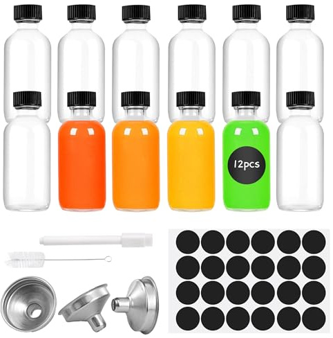 Avernest Paquete de 12 Botes Cristal Pequeños, Mini Botellas Licor de 60 ml, Botellitas Pequeñas para Rellenar, Botes de Cristal con Tapa para Jugos, Aceites, Licores y Salsas