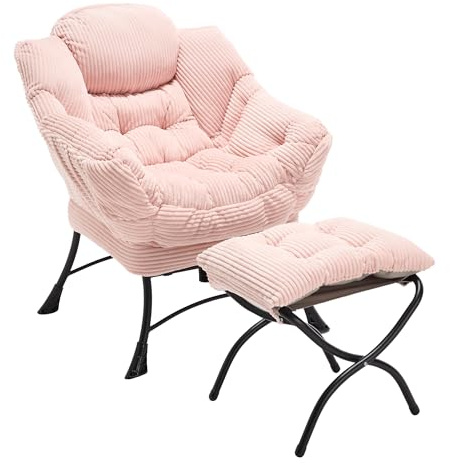 vutizal Fåtölj med pall | Öronfåtölj med fotstöd och sidoficka | XXL relaxfåtölj, loungefåtölj för vardagsrum och sovrum | bekväm stoppad fåtölj med armstöd, rosa