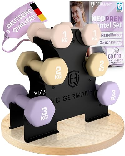 HQ Germany® Hanteln Set [Geruchsfreie Pastellfarben] - 0,5-10kg | Neoprenbeschichtet, schont Böden & Möbel, angenehm griffig, große Gewichtszahlen, REACH-geprüft, für Pilates & Reha