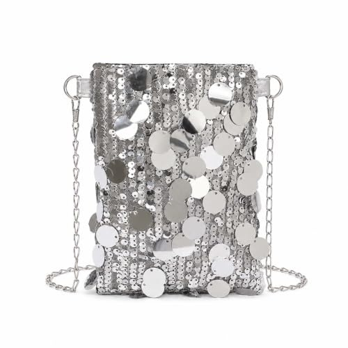 GEEKPC Silver Sequin Crossbody Bag With Detachable Metallic Chain Strap - Compact Square Clutch For Women Evening Parties Events Festivals Performances Dates & Essential Phone Keys Cards Holder