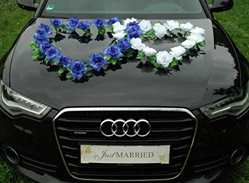 DOPPEL Herz Auto Schmuck Braut Paar Rose Deko Dekoration Autoschmuck Hochzeit Car Auto Wedding Deko Ratan (Blau/Reinweiß)