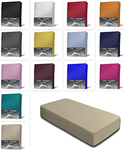 one-home Jersey Spannbettlaken Spannbetttuch Bettlaken weich 100% Baumwolle Rundumgummi, Farbe:Beige, Maße:90-100 x 200 cm