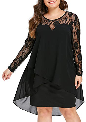 Ansenesna Kleid Festlich Damen Große Größen Asymmetrisch Elegant Abendkleider Für Mollige Frauen Knielang Mit Ärmel Spitze Cocktailkleid Chiffon Vokuhila Party Abschlussball Kleider (Schwarz,XL)