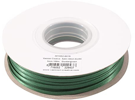 Vaessen Creative Satinband, Dunkelgrün, 3 mm x 100 m Doppelsatinband, Schleifenband, Dekoband, Geschenkband, Stoffband für Hochzeit, Taufe und Geburtstagsgeschenke