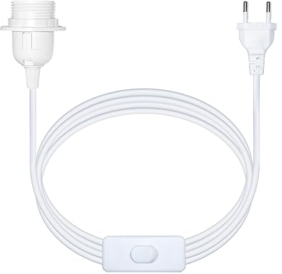 Cavo Portalampada E27 5 metri con Spina e Interruttore, AC 230V, Porta Lampada con Ghiera per Paralume, Portalampada E27 Bianco con Cavo Lungo per Lampada a Sospensione, 1PC