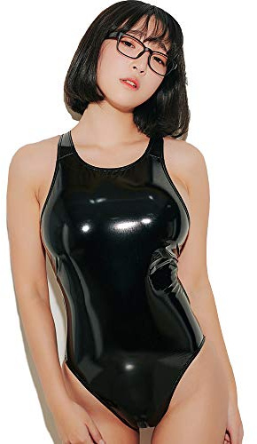 LEOHEX Body Sexy PU Nero Lucido High Cut Un Pezzo Costume Da Bagno Donna Wetlook Nero L