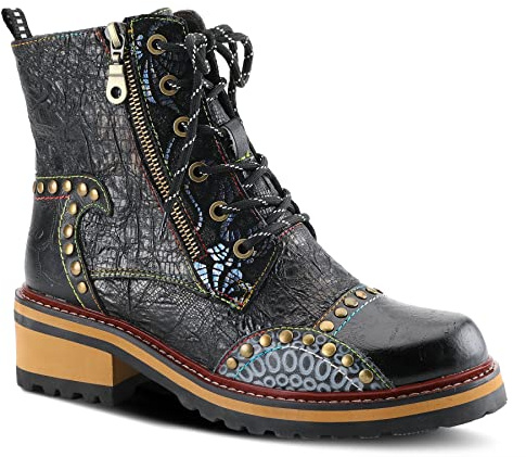 L'Artiste Rugup Leather Combination Booties for Women | Low Heel Ankle Boots for Women with Lace Up and Zipper Closure and Faux Fur Lining, Black Multi EU 35 / US 5