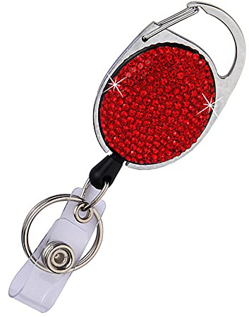 Enrouleur de badge rétractable en strass avec clip de ceinture et porte-clés, cordon de traction jusqu'à 61 cm, cadeau pour femmes et filles, 1 pièce, rouge