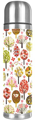 Thermoskanne mit abstrakten Bäumen, Vögeln, Blumen, japanisches Muster, vakuumisolierte Wasserflasche, kompakt, Edelstahl, Kaffee-/Reisebecher, 500 ml