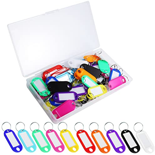 30 Porte-Clés à Étiquette, 10 Couleurs, Plastique, Anneau Fendu | Réutilisables, papier inscriptible, fenêtre transparente, 2,2 x 5 cm, pour clés, bagages, bureau, hôtel