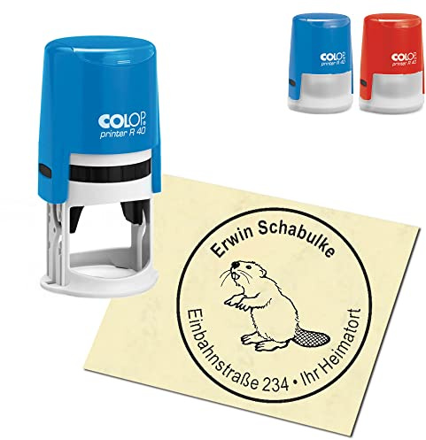 Stempel Adressstempel personalisiert - niedlicher Biber - rund ∅ 40mm Automatikstempel als Firmenstempel Namensstempel Bürostempel