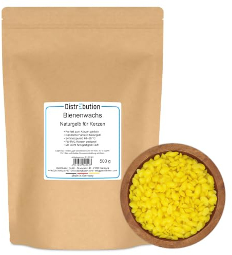 DistrEbution Bienenwachs Pastillen 500g für Kerzen, 100% Rein, Naturgelb, natürliches Kerzenwachs, Schmelzpunkt 61–65 °C, Ohne Paraffin