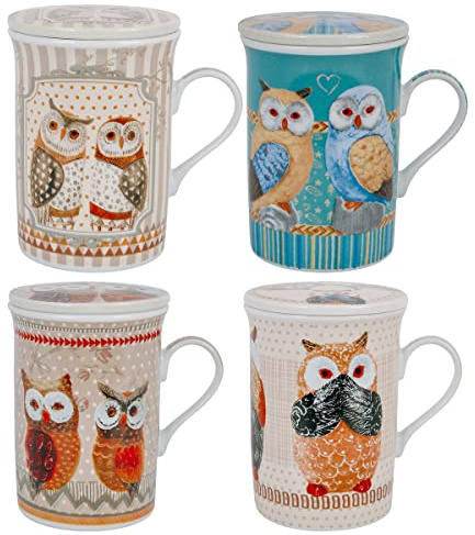 ROCKING GIFTS Tasse Mug Thé Tisane 330 ml avec Couvercle et Filtre Infuseur, Modèle Assorti (1 Unité), Porcelaine Dessins de Hiboux, avec Boîte Cadeau, 11 cm