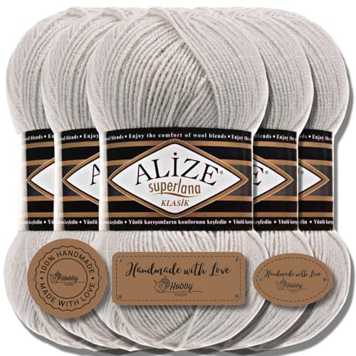 Hobby YARN 3x Etikettenlabel mit Alize Superlana Klasik Wolle Premium 5x100g als Set, Yarn, Garn, Strickgarn, Einfarbig, Baby, zum Häkeln, Stricken, Kleidung, Schals (Light Grey Melange - 208)