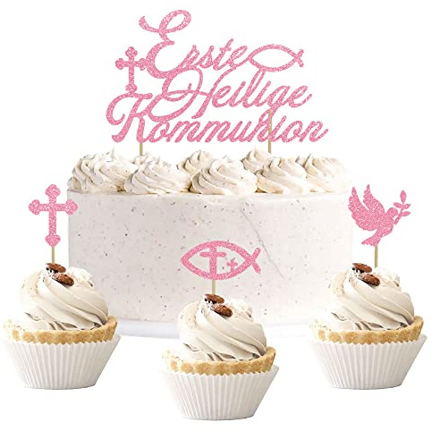 13 Stück Glitzer Tortendeko Kommunion Mädchen, Cake topper Taufe Deko für Erste Heilige Kommunion, Mädchen Tortendeko Taufe Konfirmation (Rose)