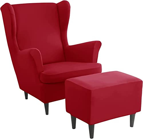 Ohrensessel überzug mit Hocker Bezug, 2 Teilig Sessel-Überwürfe+1 Teilig Ottomane Schonbezug, Beige/Grün/Rosa/Blau Ohrensessel Schonbezüge Sesselhusse Stretch Tiger Stuhlbezug mit Armlehne ( Color : #