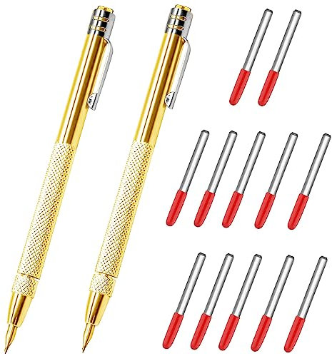 2 Pcs Tungsten Carbide Tip Scriber with 12 Replacement Marking Tip, Aluminium Magnet Carbide Scribe Tool Etching Scribe Pen with Clip, Metal Engraving Pen for Glass/Ceramics/Hardened Steel(Gold)