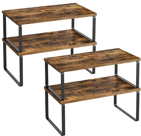 SONGMICS Organizzatori da Cucina, Set di 4 Scaffali da Banco, Portaoggetti per Armadietto, Impilabile, Espandibile, Metallo e Legno Ingegnerizzato, Nero Inchiostro e Marrone Vintage KCS022X01