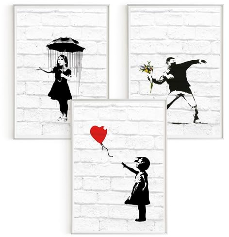 Bilder-Set: 3 x DIN A3 (30x42) Premium Posterpapier - Banksy, Mädchen im Regen; Mädchen mit Luftballon; Blumenwerfer vor Backsteinwand, Kunstdruck ohne Rahmen, Wandbild, Bilderwand - A4, A3, A2, A1..