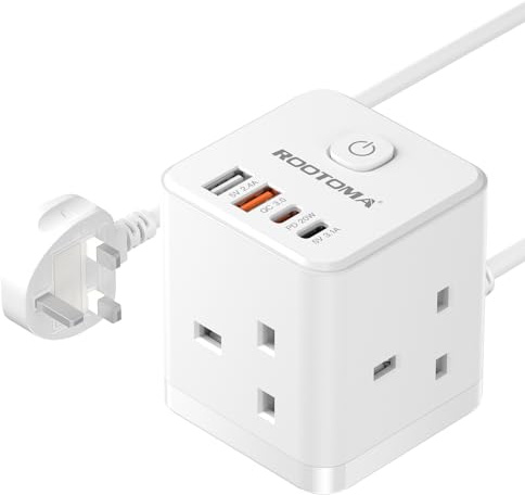 Extension Lead with USB Slots, 20W USB-C Fast Charger | 4 USB (QC3.0/PD20W), 3 Way Plug Extension, Compact Cube Extension Lead for Home, Office, Dorm Room, 2M, 13A/3250W