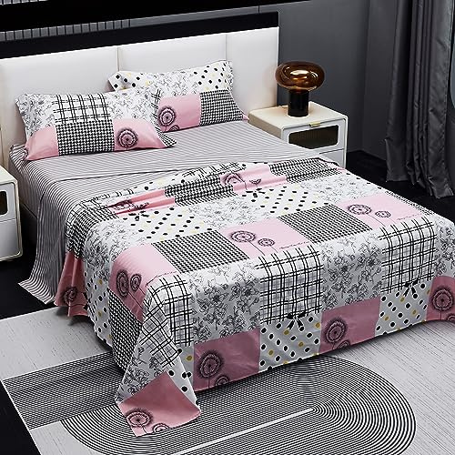 Juego de Sábanas Cama 180, Sábanas 180x190/200cm 4 Piezas, Microfibra Extra Suave, Sábanas Bajera Ajustable, Encimera, 2 Fundas de Almohada - Juego Sábanas Estampadas Cuadros Rosados