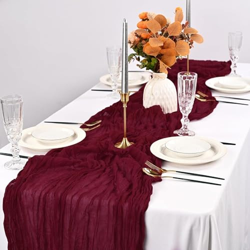 Pesonlook 2 Stück Burgunderroter Käsetuch Tischläufer Lang, 90 x 300 cm | 3 m lang, Rustikaler Gaze Stoff Boho halbtransparent Hochzeits Seihtuch Tischläufer für Hochzeit, Party, Brautparty，Bankett