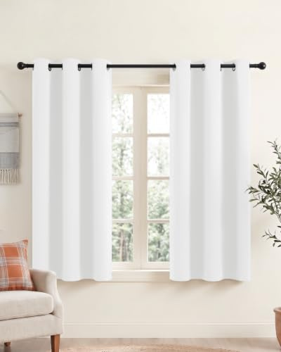 PONY DANCE Thermal White Eyelet Short Curtains for Small Windows Light Filtering Noise Reducing Energy Saving Curtains for Kids Bedroom Kitchen, W 34 x L 45, 2 Panels, Pure White