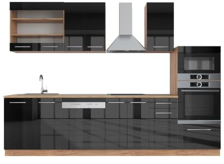 Vicco Küchenzeile Fame-Line, Anthrazit Hochglanz/Goldkraft Eiche, 300 cm | 8 Module · Höhenverstellbare Füße · AP Eiche inkl. · MDF-Fronten · Softclose · Metallgriffe