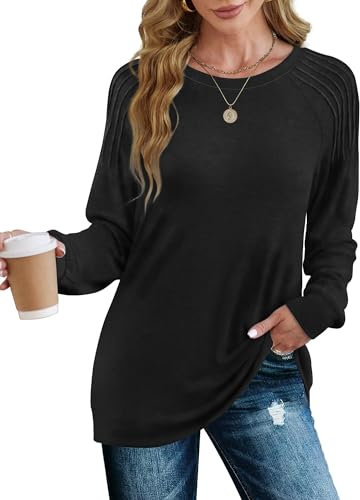 XIEERDUO Pullover Damen Sweatshirt Langarmshirt Herbst Winter Strickpullover Tunika Tshirt Elegant Oberteile Top Schwarz XL