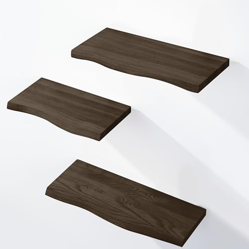 LAMO Manufaktur 3 Stück Wandregal aus Holz mit unsichtbarer Befestigung 40/35/30cm | Wandregal aus 100% echtem Holz | Hängeregal für Wohnzimmer, Wandregale Set 1 Baumkante Farbe: Schwarz