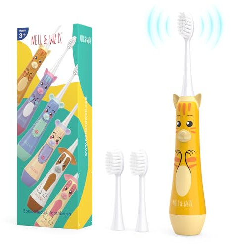NELL&WELL Spazzolino elettrico per bambini, timer da 2 minuti, 3 modalità con memoria, impermeabile IPX 7, alimentato a batteria, con 3 testine morbide per bambini dai 3 anni in su