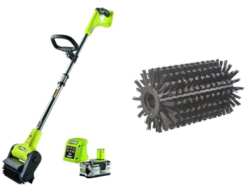 RYOBI Nettoyeur de sol sans fil à batterie 18V ONE+™pour terrasse bois et carrelage avec 1 batterie & Brosse universelle en nylon toutes surfaces pour nettoyeurs de sols RAC816