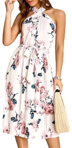 CUPSHE Damen Sommerkleid Blumenmuster Überkreuzter Neckholder Ärmellos Strandkleid Plissee A-Linie Freizeitkleider Midi Dress Weiß/Rosa M