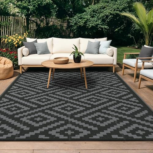 GENlMO Outdoor Teppich Wetterfest 180x275cm Picknickdecke Plastik-Strohhalm Matte UV-bestandig Camping Teppich Waschbarer Outdoor Teppiche fur Garten, Balkon,Pool, Deck, Hinterhof, Schwarz & Grau