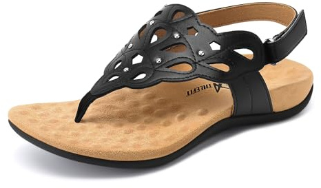 Athlefit Women's Arch Support Orthotic Sandals Comfortable Walking Orthopedic Thong Black Sandals Size 8