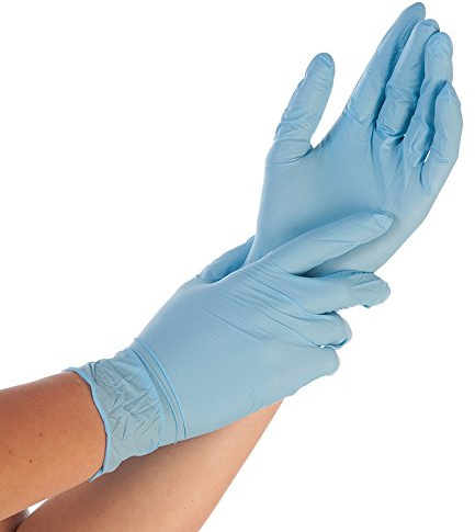 FRANZ MENSCH 1000 Stück Hygostar Nitrilhandschuhe Safe Premium | puderfrei, blau, 8/M, L: 24cm, Spenderbox, Karton, Einmalhandschuhe, Einweghandschuhe, Nitrilhandschuhe