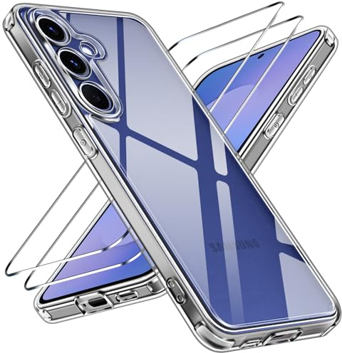 ivoler Nie Vergilbung Klar Hülle für Samsung Galaxy S25 FE 5G (Nicht für Samsung S25), 1 Handyhülle mit 2 Stück Panzer Schutz Glas, Militärischer Stoßfest Transparent Schutzhülle Durchsichtige Case