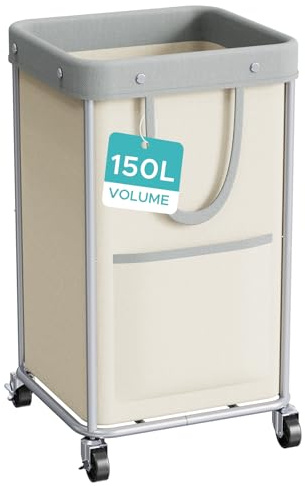 JYPS Cesto Ropa Sucia con Ruedas, 150L Grande Cesta de Lavandería Estable Tubular y asa, Cubo de Lavado Extraíble con 2 Bolsillos, Tela Oxford Impermeable Cestos para Almacenamiento de Ropa(Caqui)
