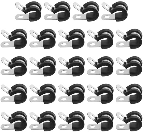 sourcing map 24 Pcs 10mm(3/8) Cable Clamp, 304 Stainless Steel Rubber Coated Cushioned Insulated Cable Clamp R-Tube Strap Clamp for Lines Pipe Hose Wire Cord Installation, Black