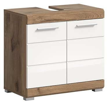 xonox.home Badezimmer Wave Waschbeckenunterschrank Badunterschrank Waschbecken Unterschrank Schrank Waschtisch Unterschrank in weiß Hochglanz tiefzieh und Nox Oak Nb., ca.37x 191x 31cm